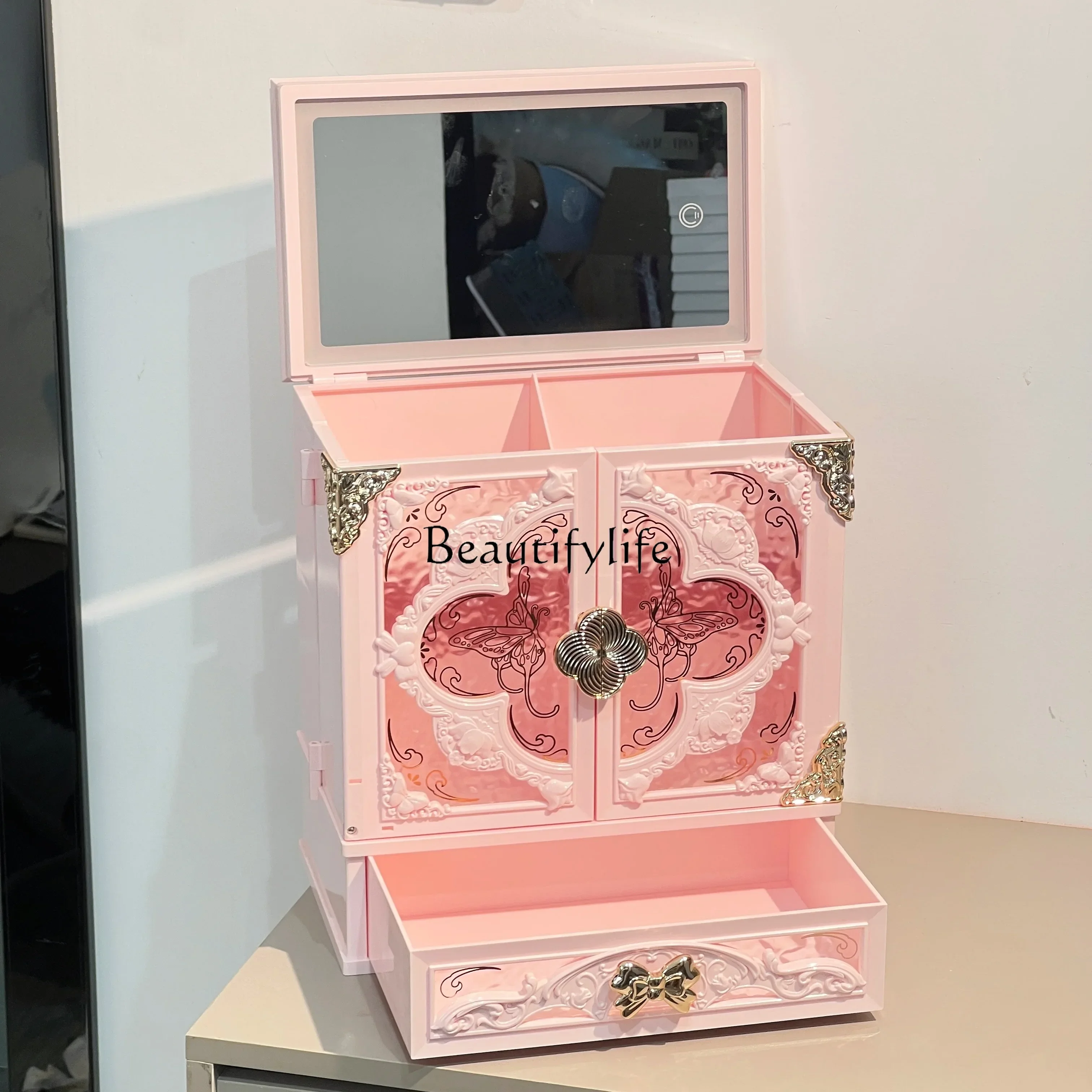 

PEmbossed Flower Palace Beauty Mirror Storage Cabinet Jewelry Storage Box No Makeup