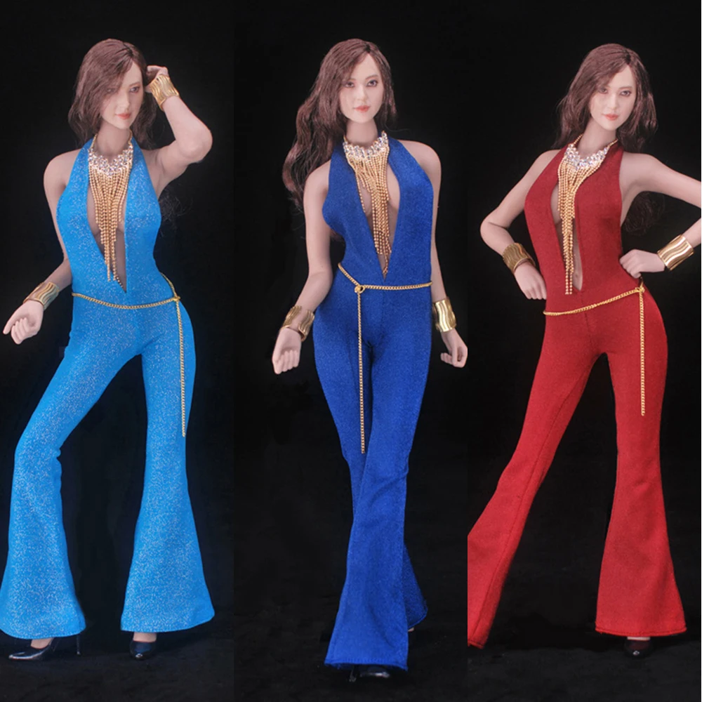 FT010 1/6 Vintage Disco Jumpsuit Deep V-Neck Halter Backless Bodycon Bell-bottoms Bodysuit Necklace Bracelet for 12'' Body