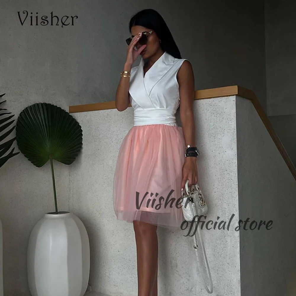 

Viisher White Pink Short Prom Dresses Outfits V Neck Sleeveless Chic Evening Party Dress for Women Above Knee Party Gowns