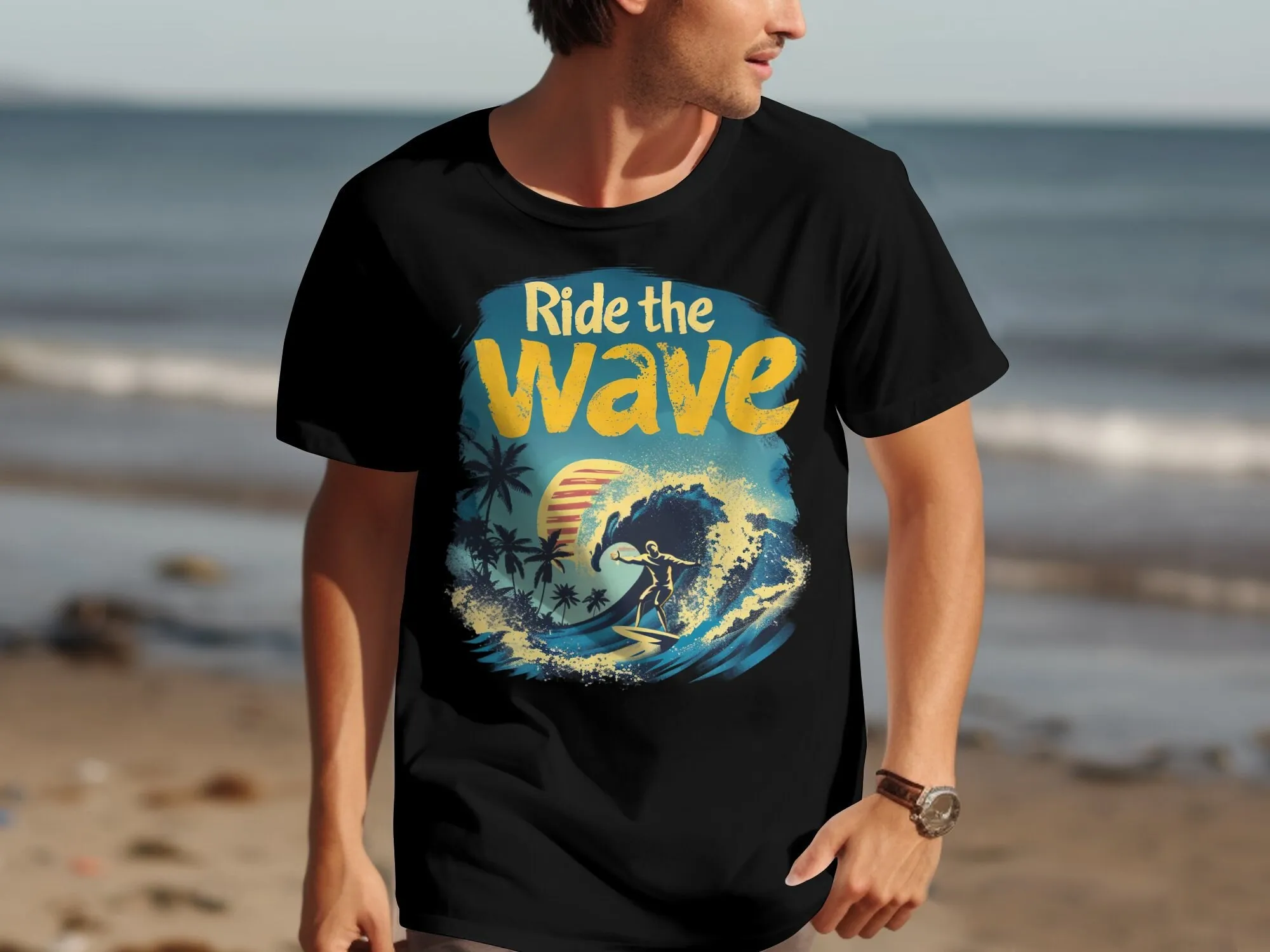 Ride The Wave T Shirt Surfing Beach Vibes Summer Bold Surfer Retro Surf Style Cool