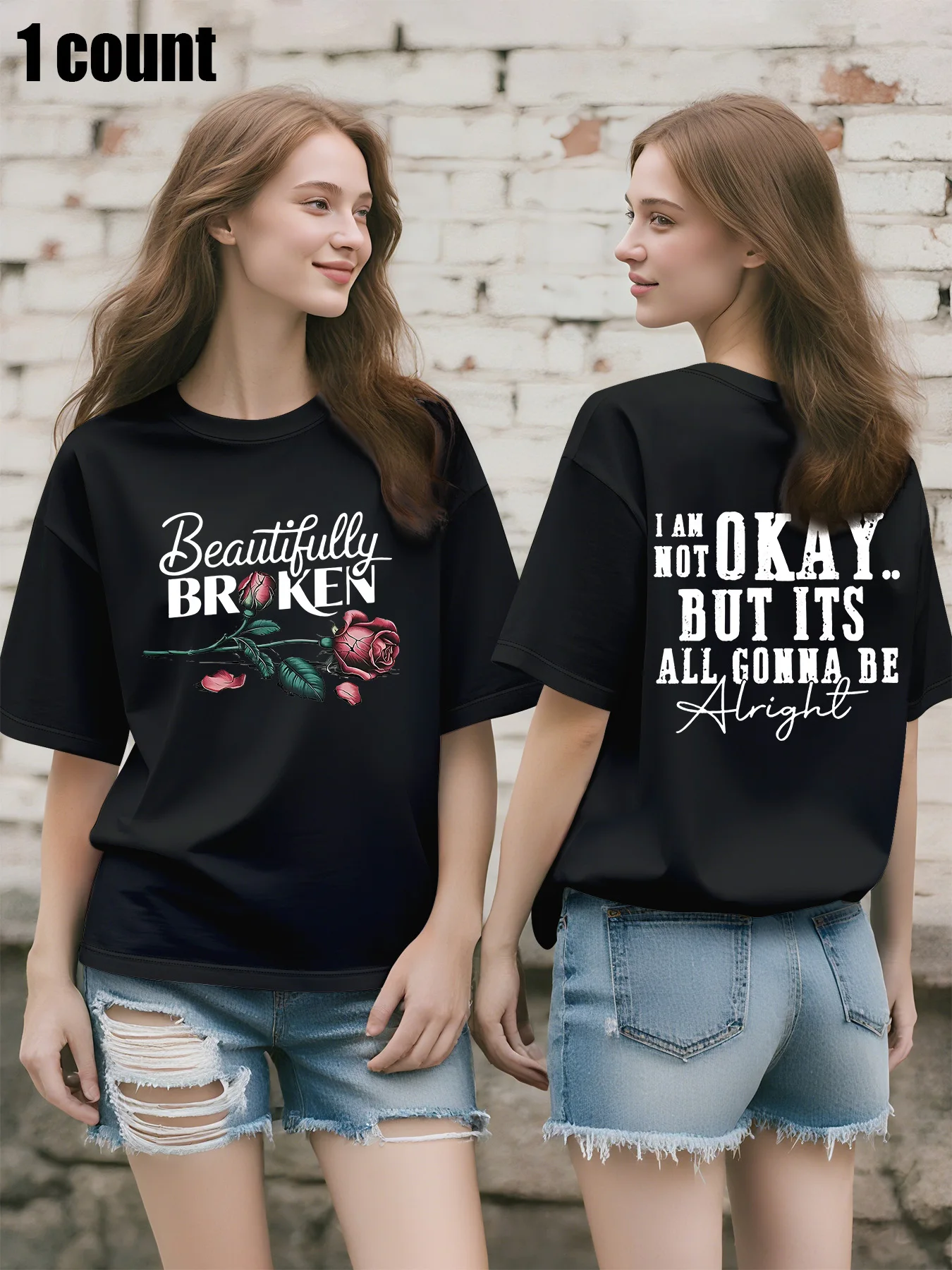 Plus Size Women's White Oversized T - Shirt, Front "Beautifully Broken" Rose Print, Casual Short - Sleeve Top