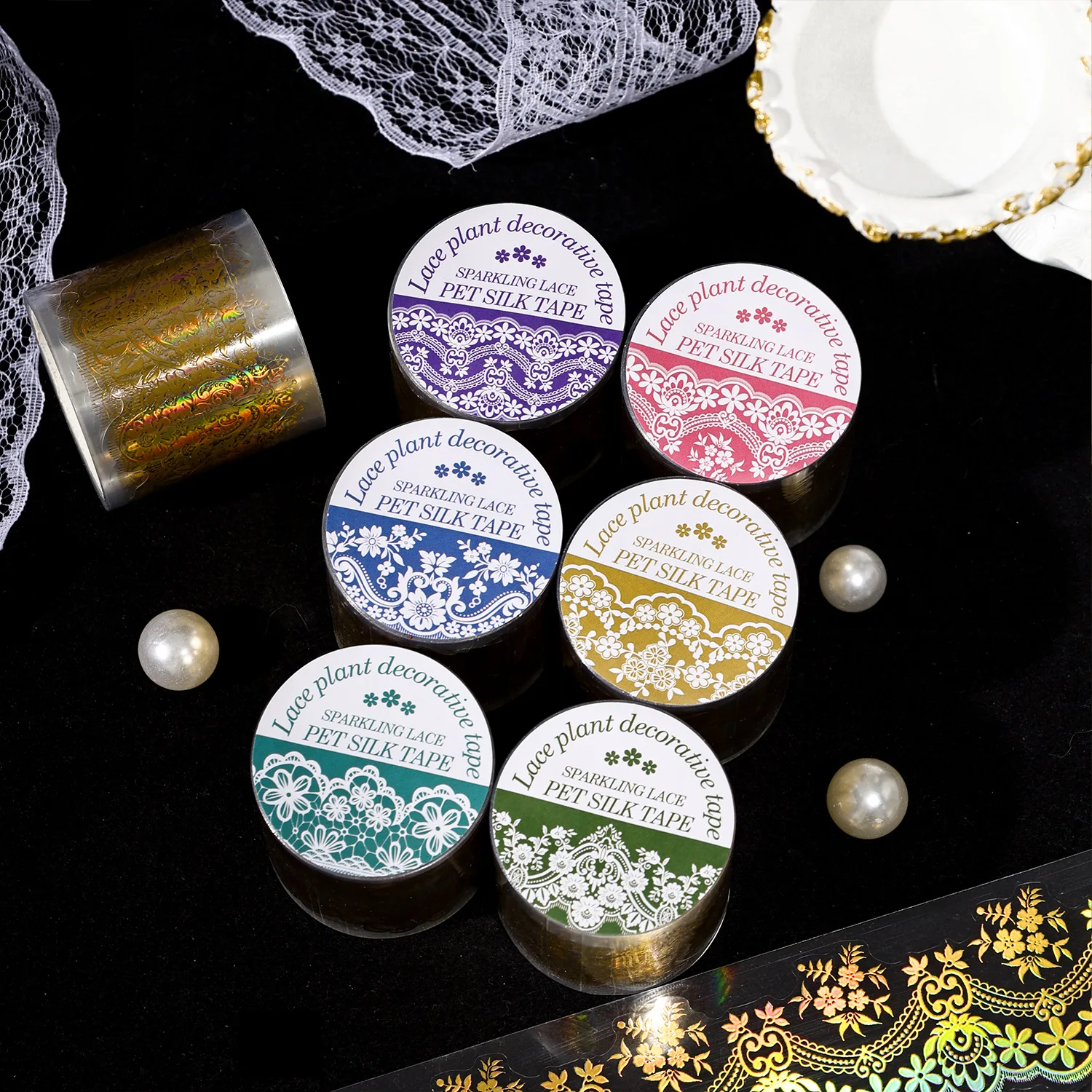 1Roll/5x200cm Gold Foil Lace Holographic Tape Hollow Pattern for Journal Kaka Card DIY Crafts