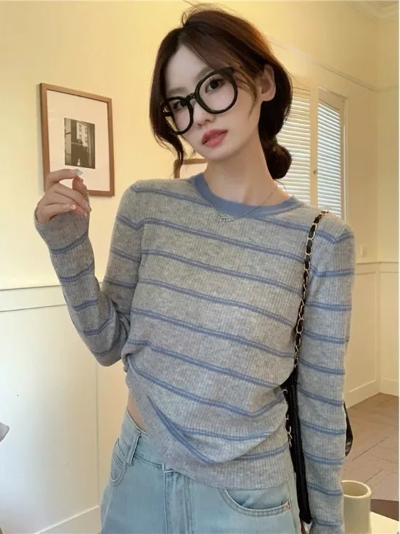 

Шикарный полосатый базовый слой irt, женский длинный вязаный свитер све, весенне-осенний корейский свитер, антивозрастной накладной круглый Ne