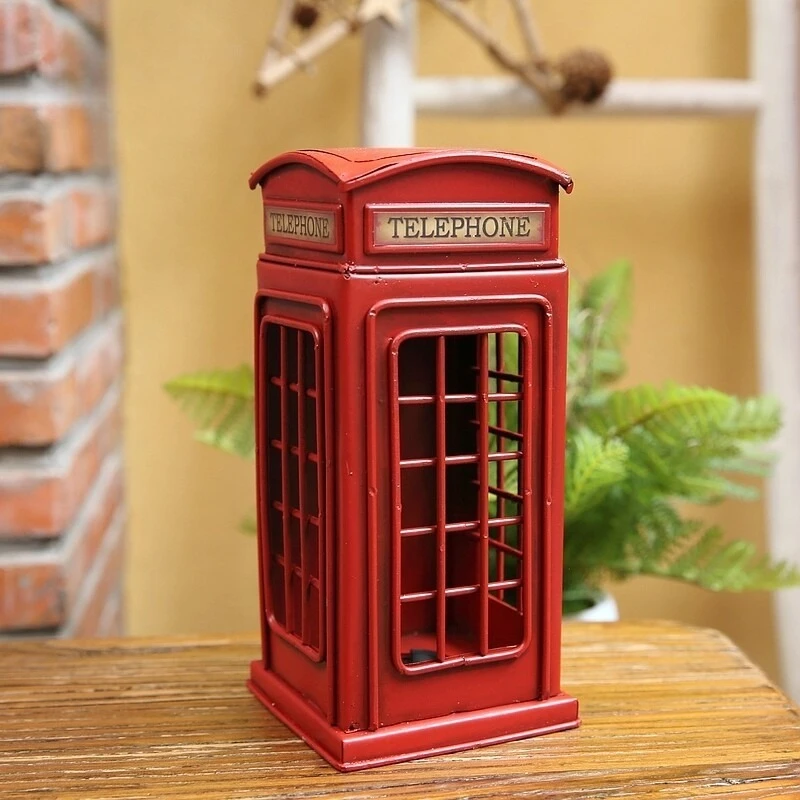 Retro British Iron Ornament, London Double Decker Bus & Telephone Model, European Desktop Home Shop Decor