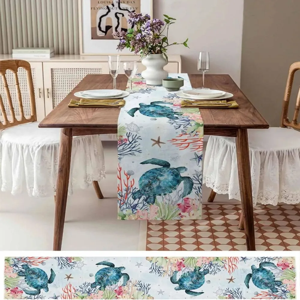VIKAMA Summer Linen Table Runner Ocean Turtle Coral Starfish Print for Dining Party Decor