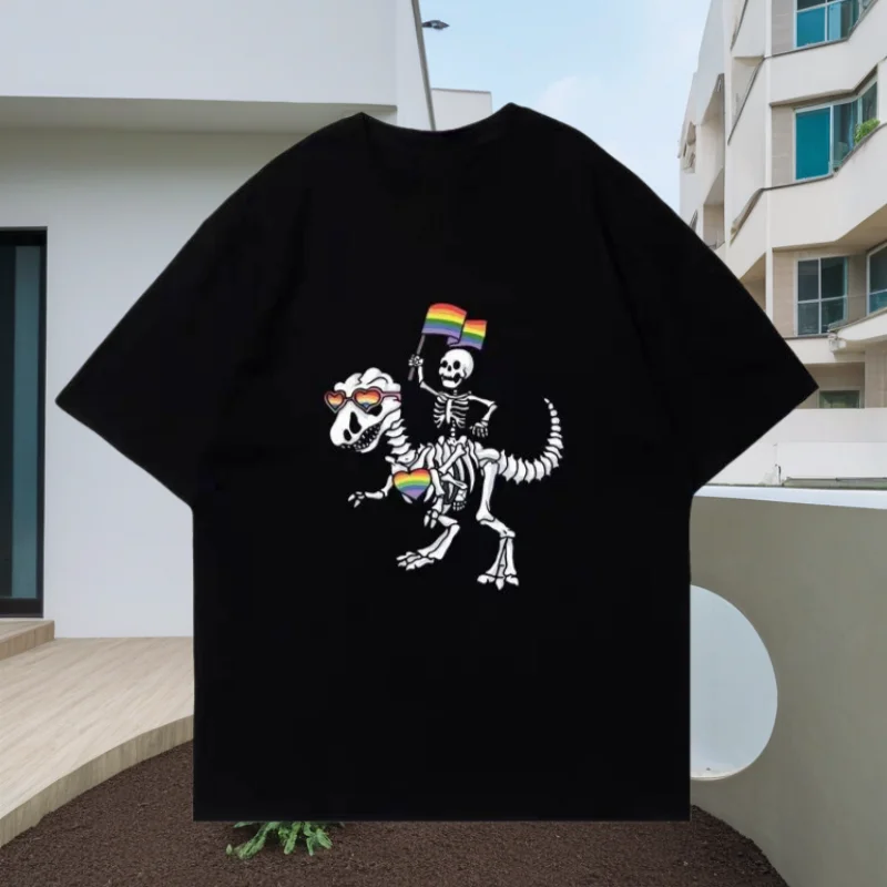 

T-shirt Crâne Marque Tendance Été Américain Pur Coton Imprimé À Manches Courtes Pour Hommes Et Femmes Lâche