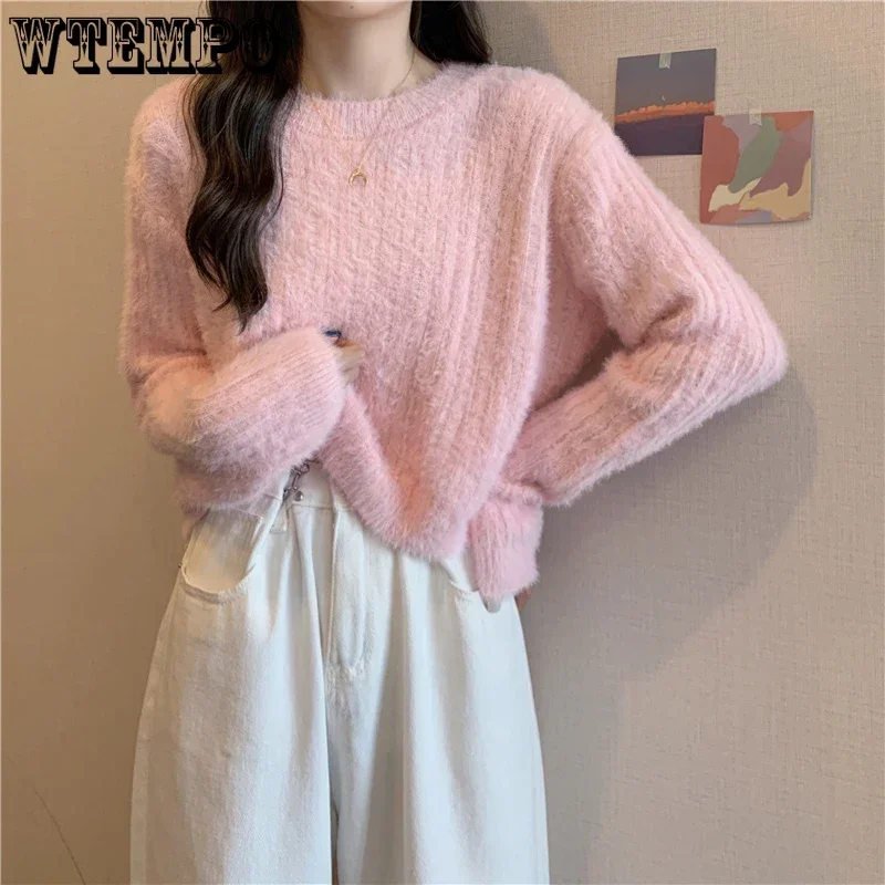 Y2K Cropped Sweater Pink Furry Solid Korean Fashion Pullover Knitted Sweaters Autumn Winter Long Sleeve Mohair Jumper Short Top