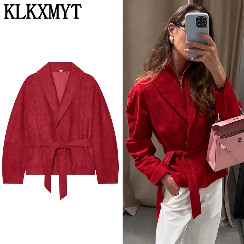 KLKXMYT Streetwear Chic Suede Jackets For Women Long Sleeve Belt Loose Commute Coat 2026 Autumn New Outerwear