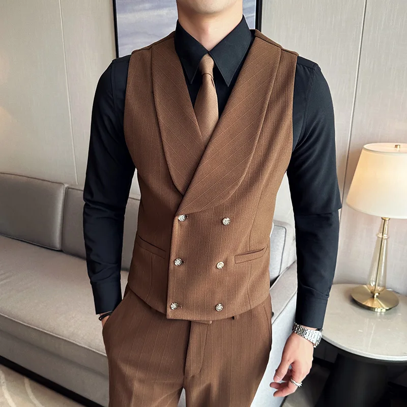 Brand Clothing Men\'s V Neck Suit Vest Herringbone Wool Tweed Double Breasted Waistcoat Tuxedo Groomsmen for Wedding 5XL-M