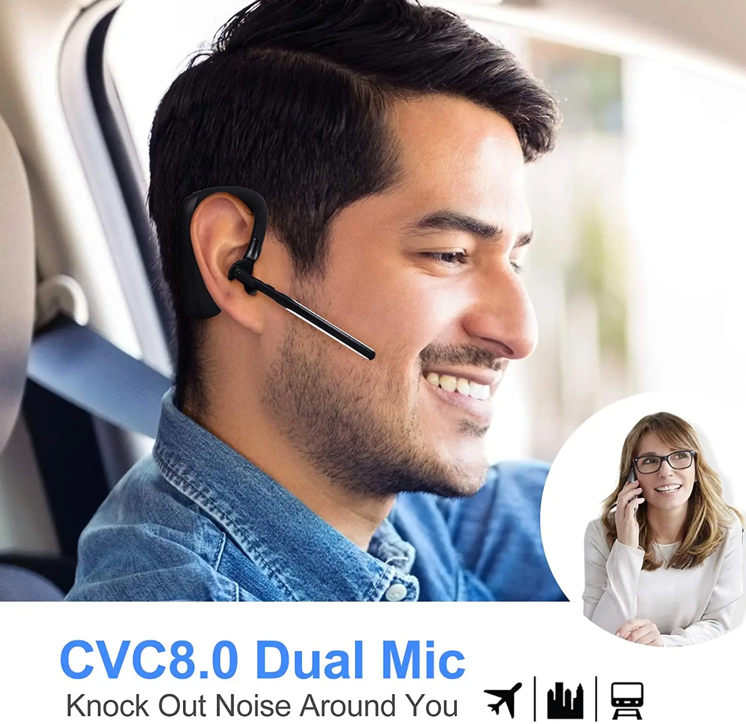 سماعات بلوتوث لاسلكية، سماعات إلغاء الضوضاء، سماعات أذن بدون استخدام اليدين مع ميكروفون مزدوج لقيادة سائق المكتب