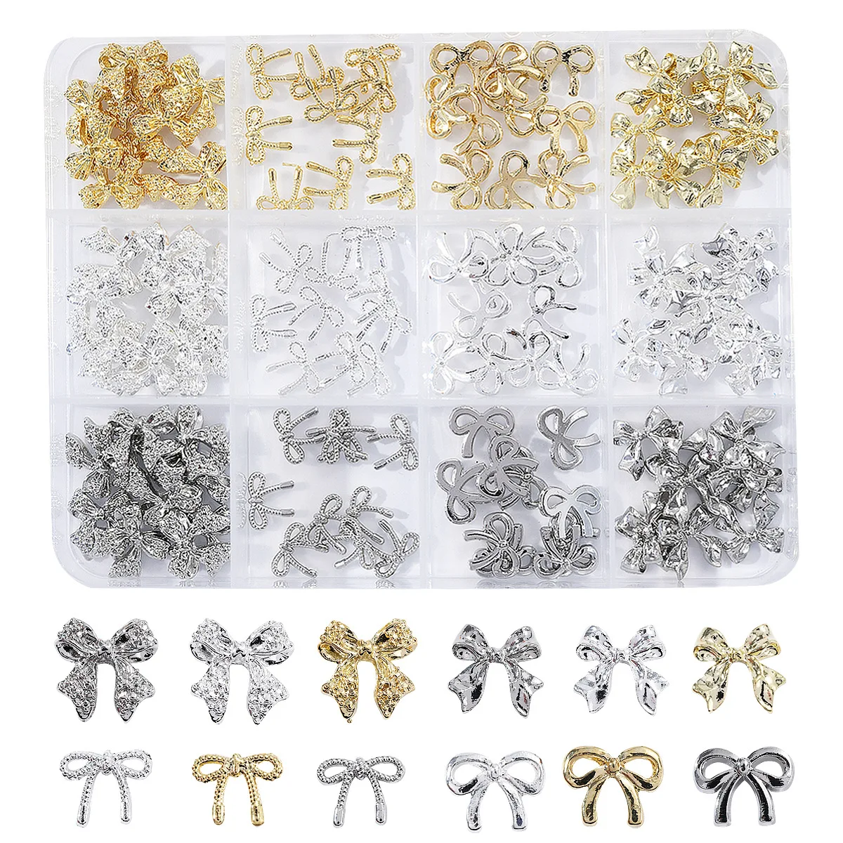 Luxury 3D Ribbon Bow Alloy Rhinestone Nail Art Decorations in Assorted Box