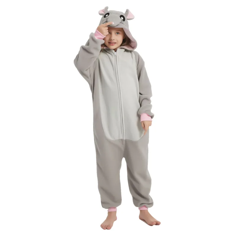 Kids Grey Mouse Kigurumi Costume One Piece Pajamas with Zipper Animal Cosplay Hooded Cartoon Clothing for Child Halloween Party