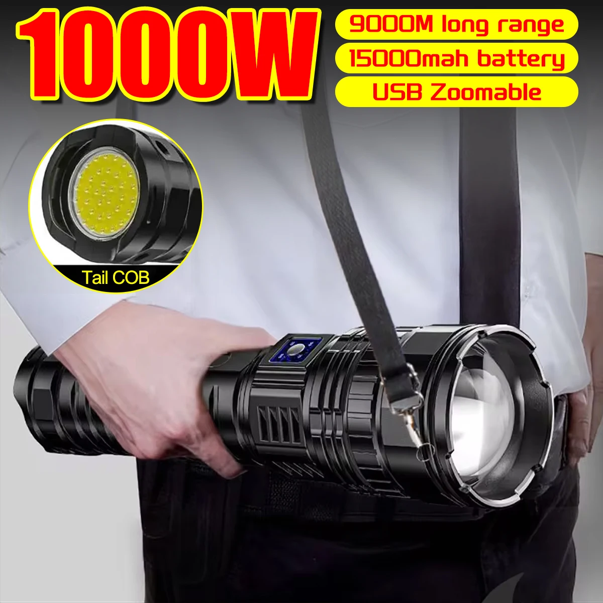 Most Powerful 1000W LED Flashlight Type-C Rechargeable 15000mah Camping Lantern 9000M Long Shot Zoomable Torch Output Spotlight