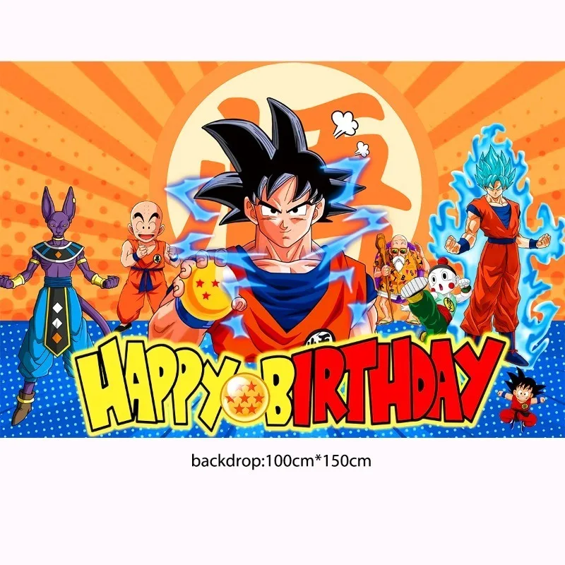 Zestaw dekoracji na przyjęcie urodzinowe w stylu anime Dragon Ball: obrus, talerze, sztućce, baner, topper na tort, flaga do zawieszenia, zestaw balonów.