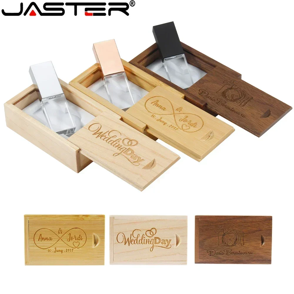 JASTER-Clé USB 2.0 cristal avec boîte en bois, clé USB avec logo personnalisé gratuit, clé USB créative, cadeau d'affaires, 8 Go, 64 Go, 128 Go