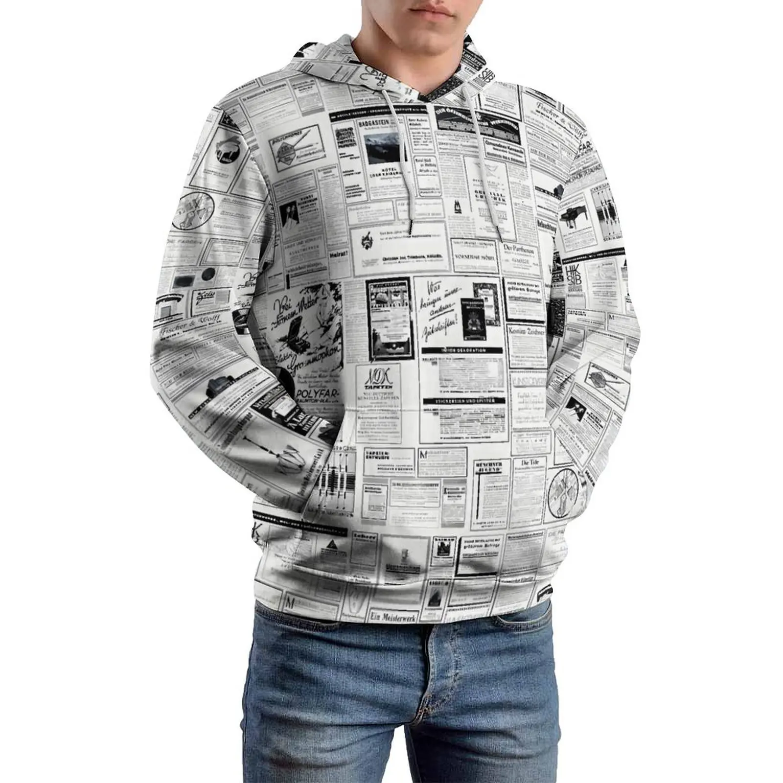 Newspaper Casual Hoodies Long Sleeve Vintage Advertising Cute Pullover Hoodie Winter Street Style Oversized Hooded Sweatshirts