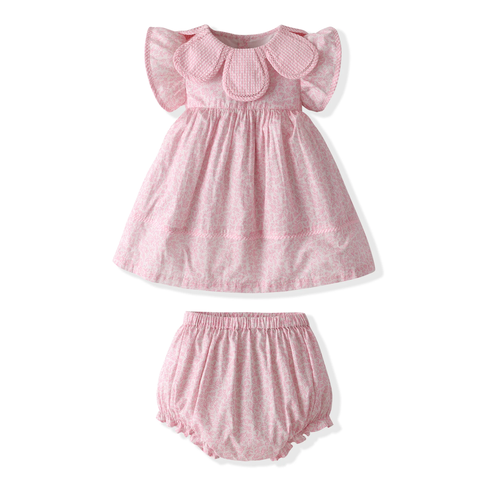 Baby Girls Floral Blooms Petal Collar Dress Bow In Back Design Kids Girl Two Piece Sets With Bloomers Shorts Boutique Clothing