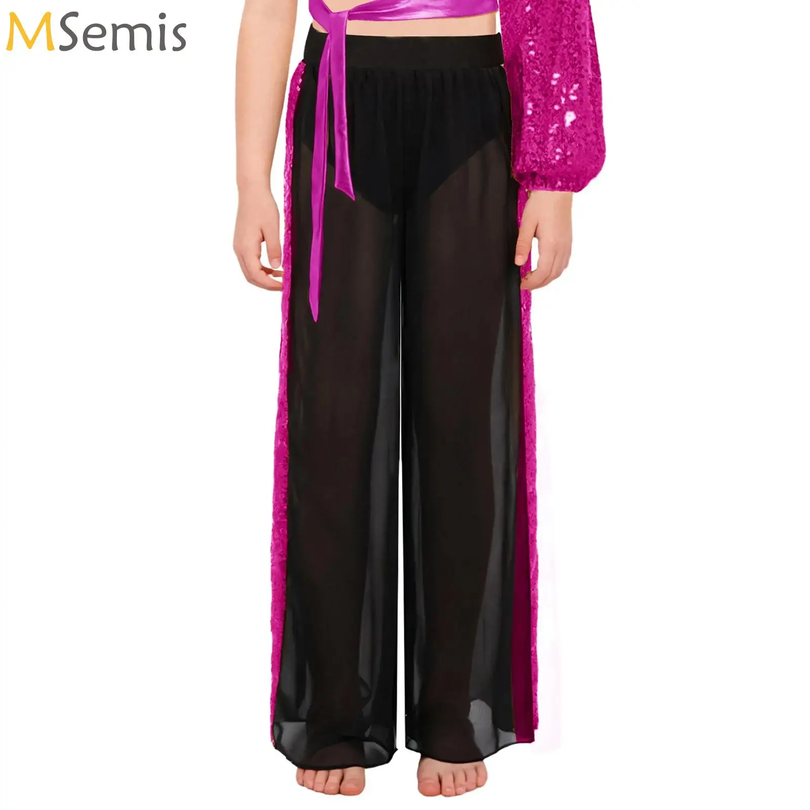 

Kids Modern Ballet Dance High Waist Palazzo Trousers Girls Classical Dance Wear Sequins See-Through Chiffon Wide Leg Pants