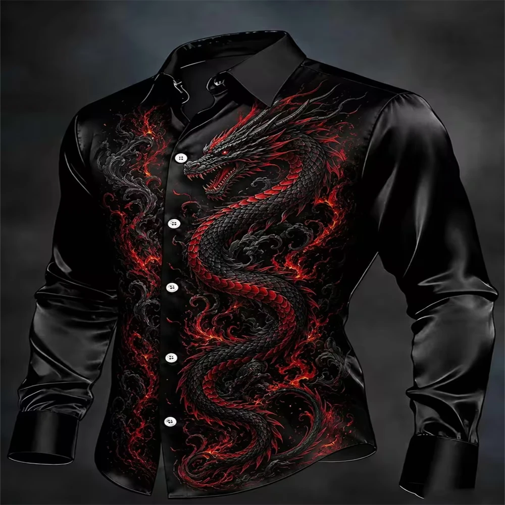 Men Men Luxury Satin Shirt Chinese Dragon Fire Totem Print Long Sleeve Button‑Up Shirts Streetwear Party Formal Casual Male Blouse - Aliexpress Deal