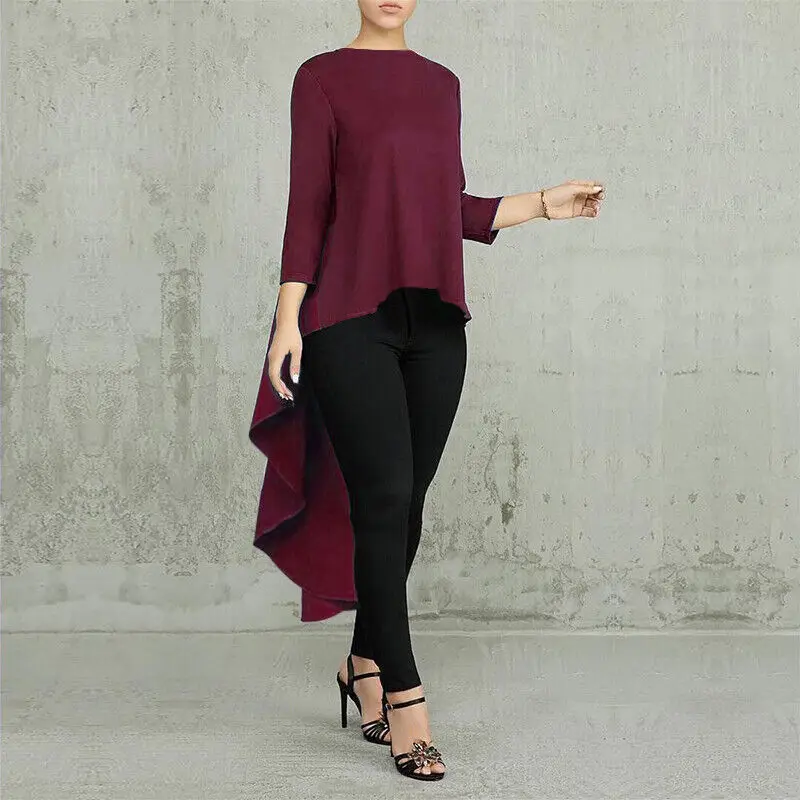 Women Long Sleeve Asymmetrical Waterfall Shirt Tops High Low Blouse