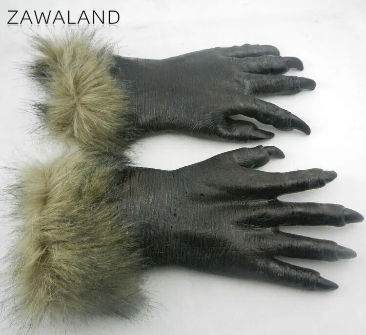 Zawaland Halloween Wolf Gloves Animal Cosplay Costume Accessories Funny Performance Props Horror Party Latex Plush Gloves