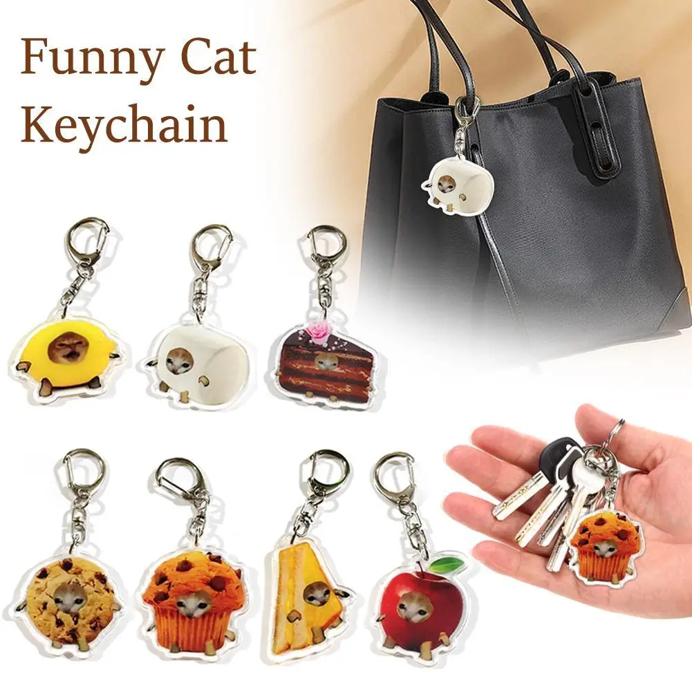 Funny Cat Keychain Portable Kawaii Acrylic Happy Small Car Key Chains Food Cat Head Mobile Phone Chain Bag Accessories