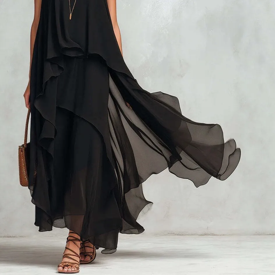 Summer Woman Dress Elegant Party Chiffon Sleeveless Dresses Women's Summer Ruffle Layered Maxi Dress Black Asymmetrical Hem Gown view 4