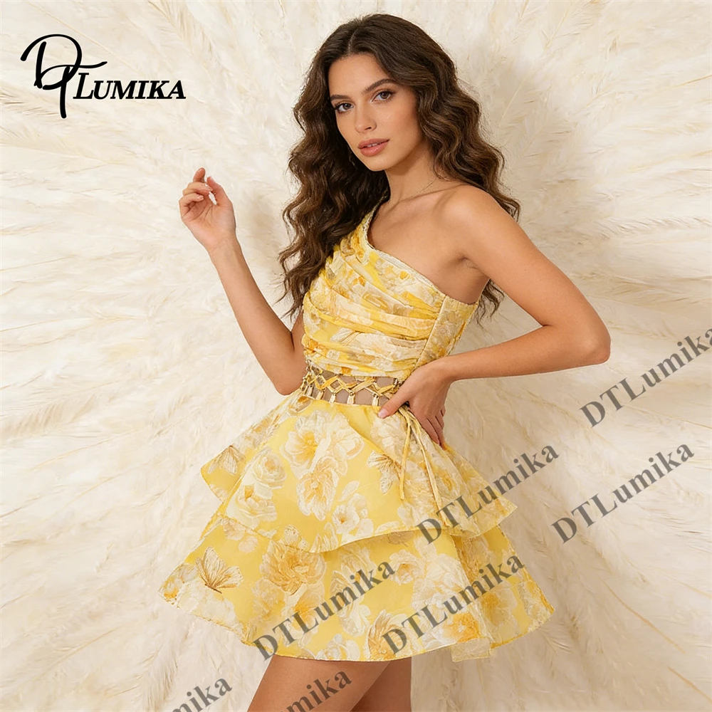 

Vintage Sweet Women’s Yellow Single - Shoulder Floral Tiered Dress, Slim Fit Ruffle Hem for Cocktail Dinner Daily