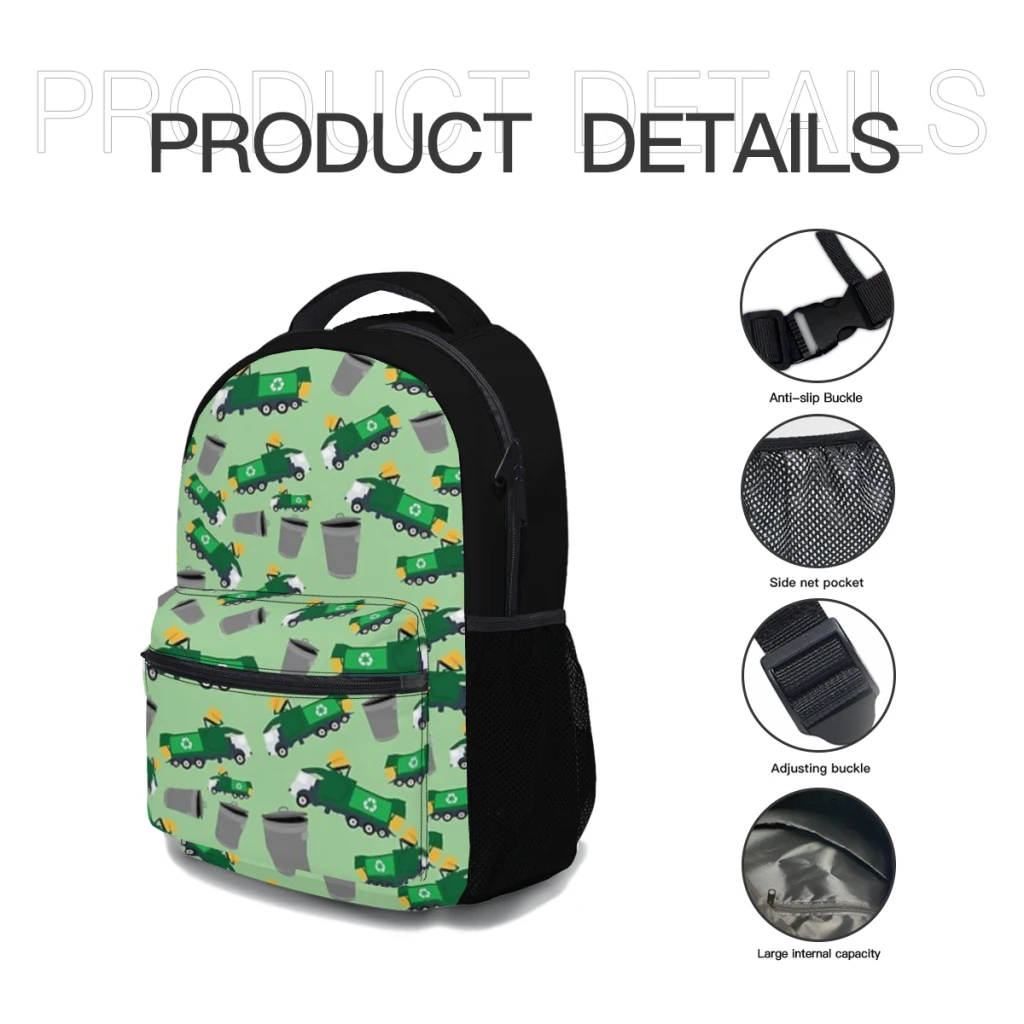 New Fashionable  Recycling Garbage Truck Pattern Backpack Bag Large Capacity Trendy Book Bag Multi-pockets Adjustable 17inch