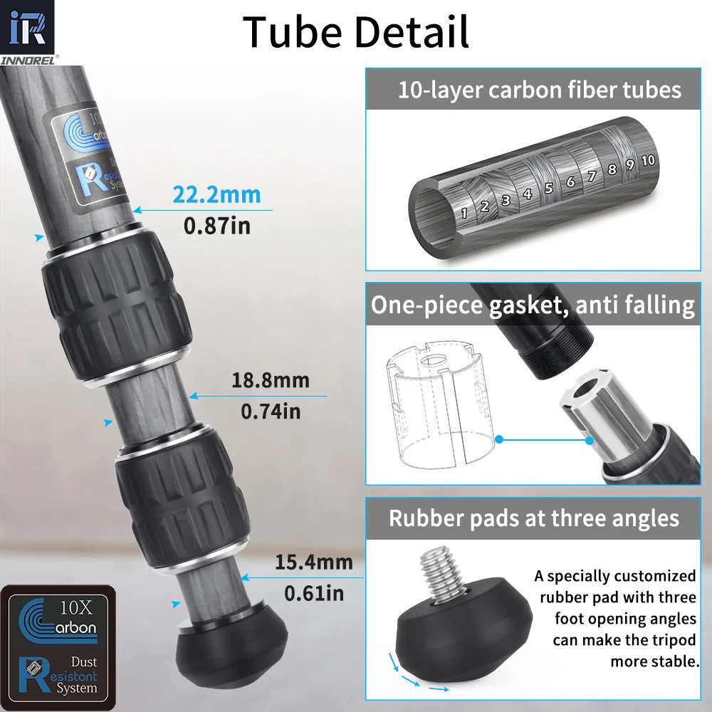Innorel carga 10kg ct223c mini tripé de mesa tripé de mesa compacto de fibra de carbono de 10 camadas para dslr digital, vídeo dv, telefone celular