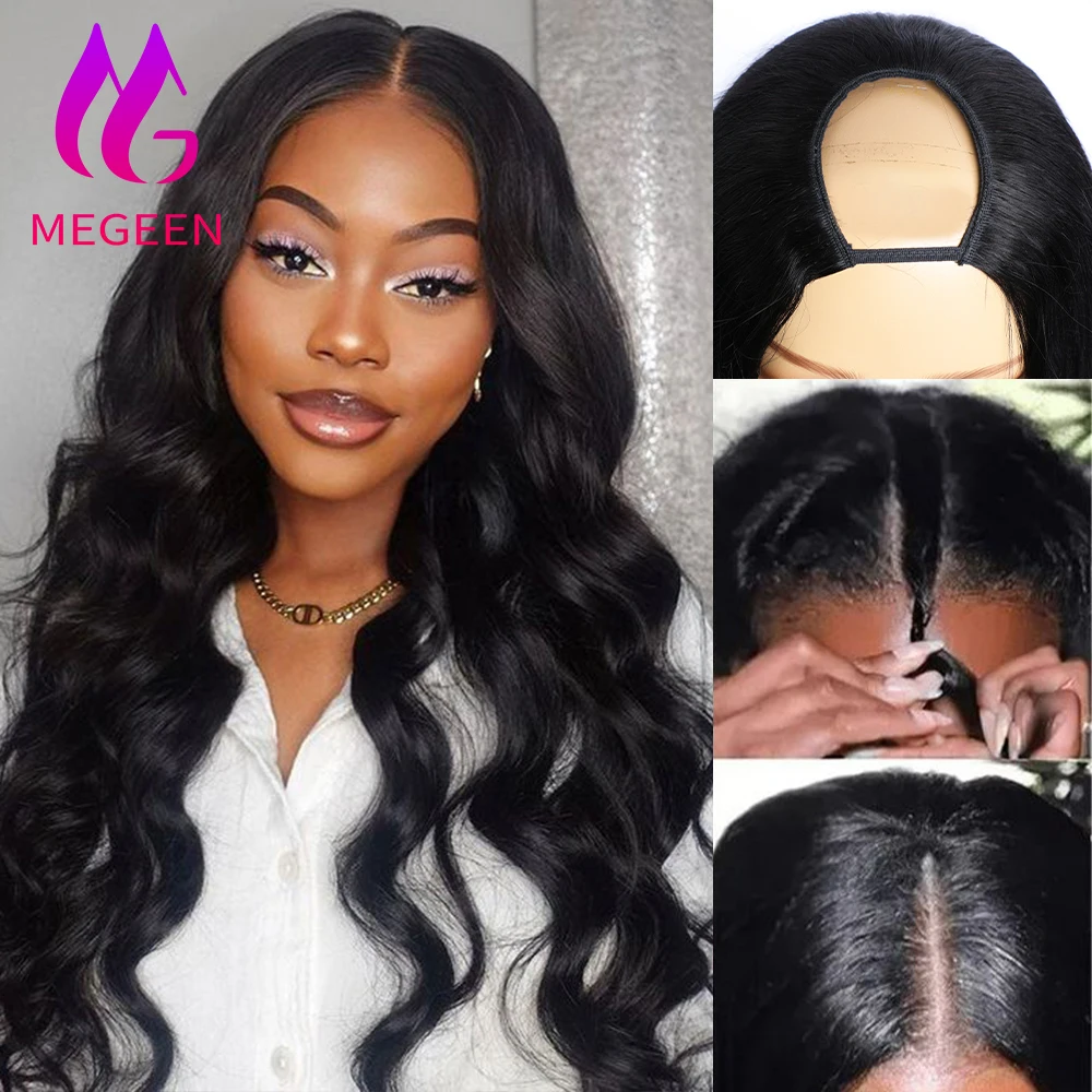 

Megeen Body Wave Natural Color Peruvian Virgin Hair Human Hair Machine Wig No Glue U Part Wigs For Women No Leave Out 18-30 Inch