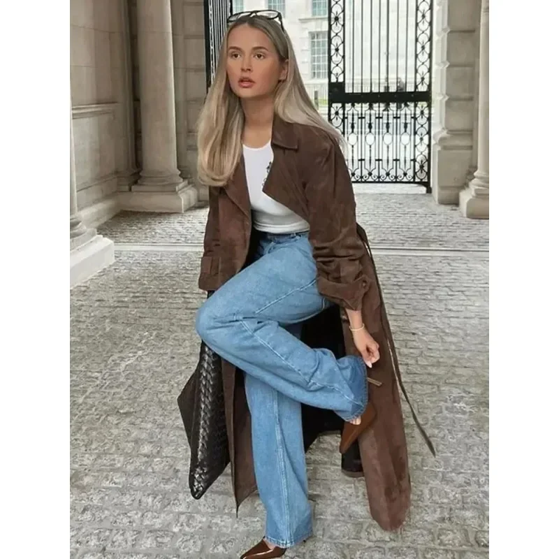 Elegant Brown Belted Waist Long Coat Double Breasted High Street Autumn Fashion Full Sleeve Outwear Female Retro Jacket