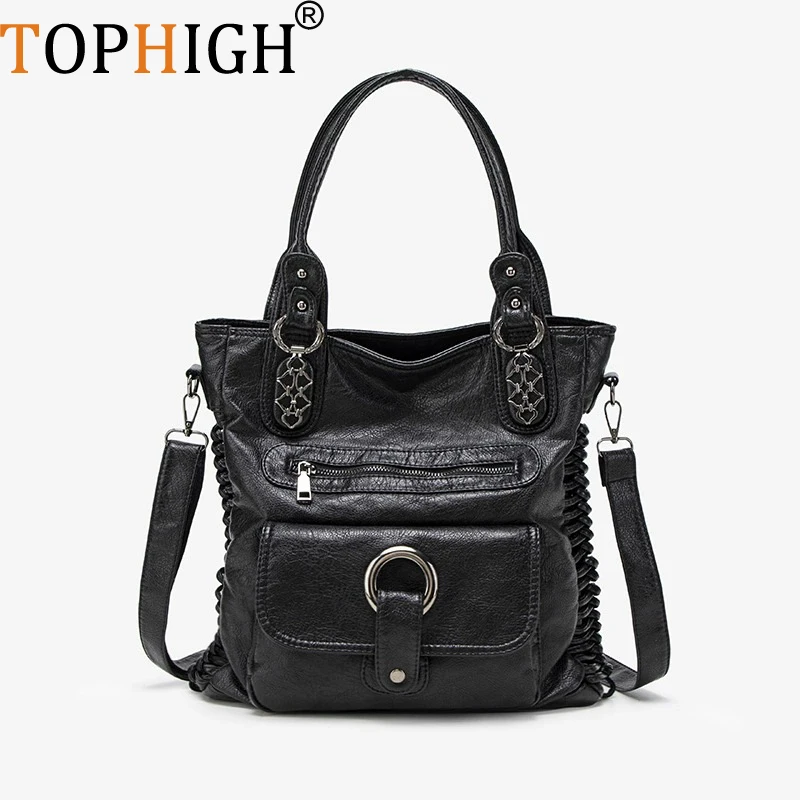 TOPHIGH  Fashion Street  Travel Tote Bag Hot Girl Washed Used Motorcycle Handbag For Women Large Capacity Retro Shoulder Bag
