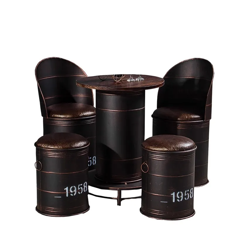 

Retro Bar Hot Pot Restaurant Dessert Milk Tea Shop Clothing Store Tables and Chairs Iron Barrel Stool Chairs