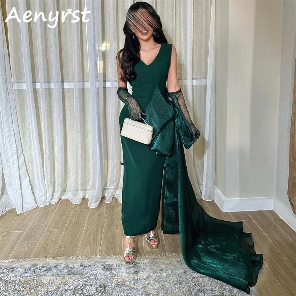 

Aenyrst Emerald Green Spaghetti Strap V Neck Evening Dresses Mermaid Satin With Glove Prom Dress Ankle Length Formal Party Gowns