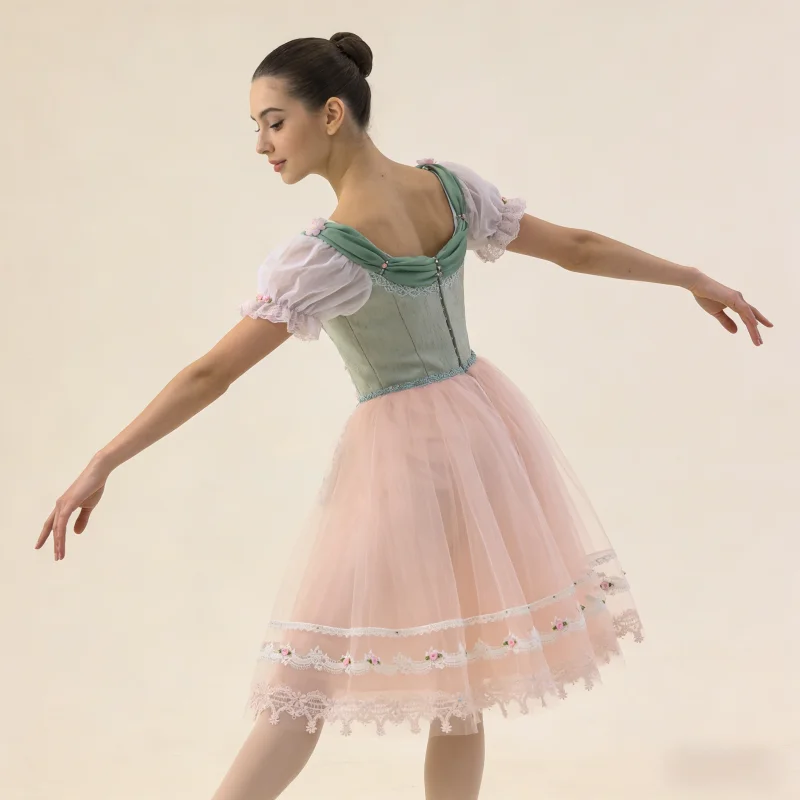 Womens Puff Short Sleeve Ballet Performance Dress Contrast Cross Lacing Floral Apron Mesh Midi Skirt Dancewear Suitable For Stag