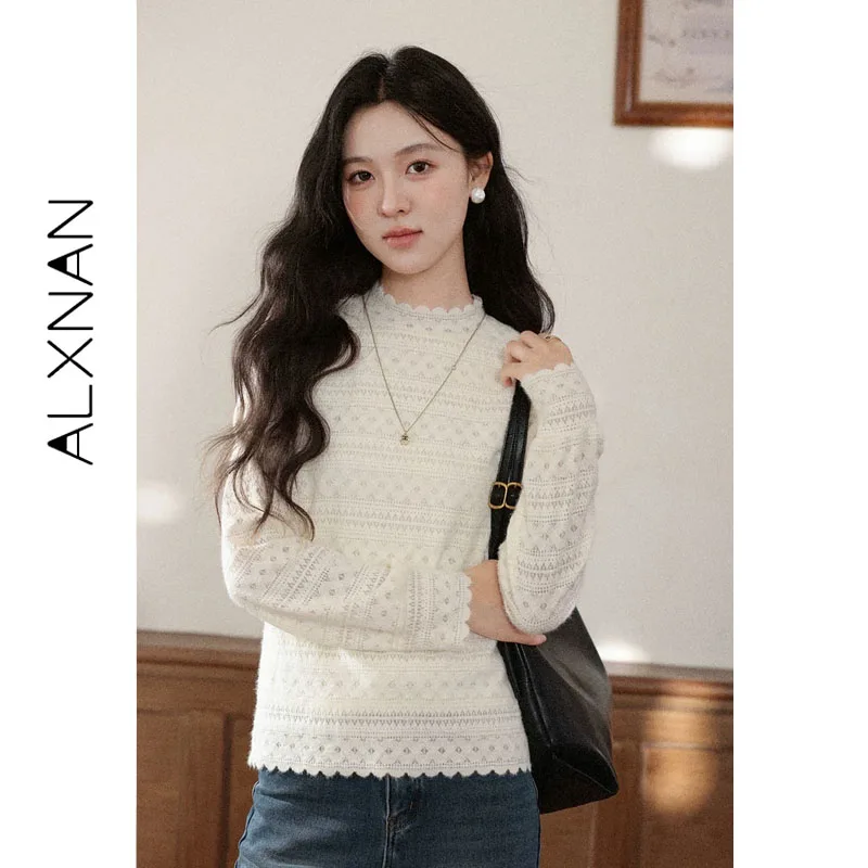 ALXNAN Women's Pullover Long Sleeve Lace Hollow-out Turtleneck Casual Versatile Pullovers Elegant Fashion Female Tops L58852