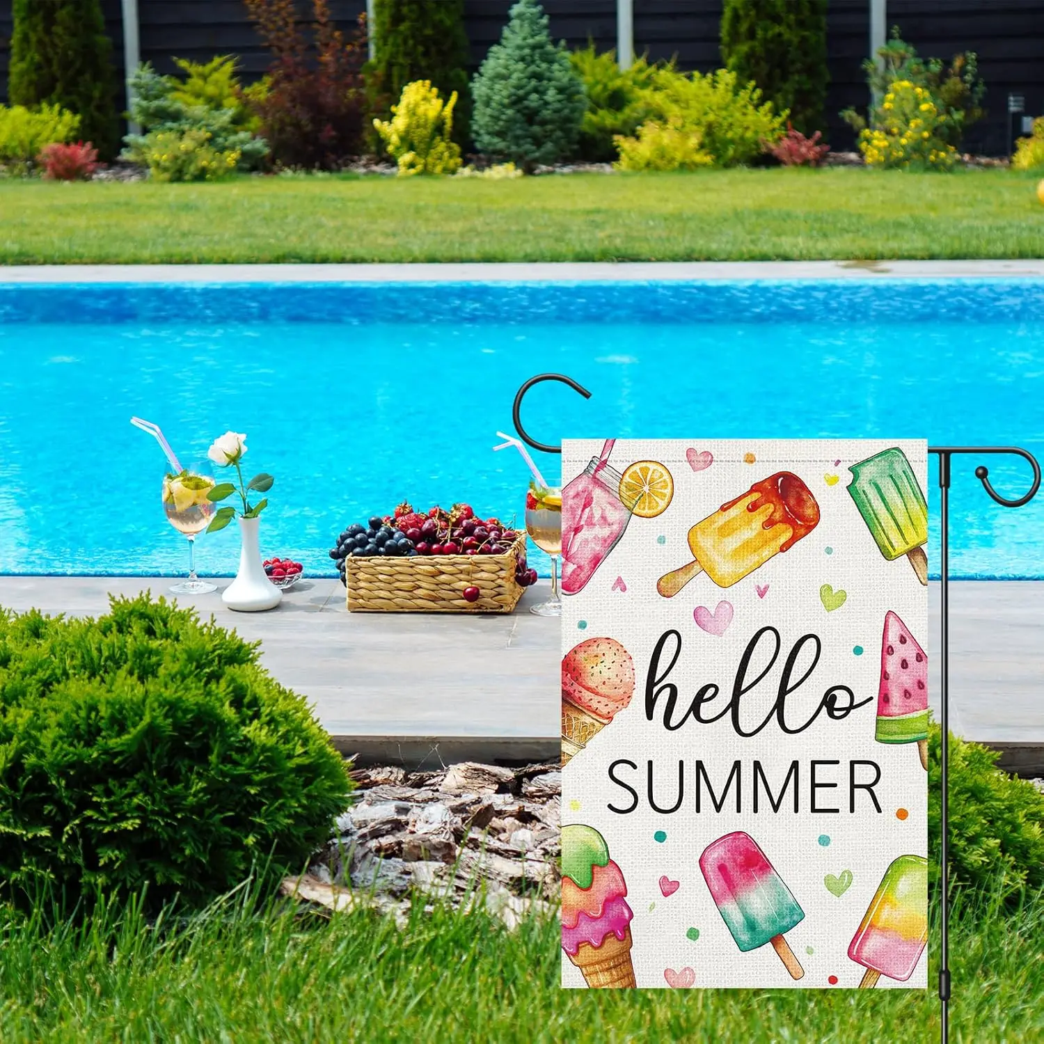 Hello Summer Garden Flag 12x18 Inch Double Sided for Outside，Colorful Popsicles Ice cream Burlap Yard Flag Holiday Summer Ou ZZM