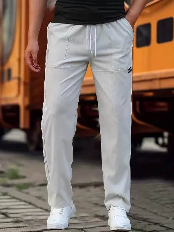 2026 New Ice Silk Wrinkle Men Casual Pants Thin Cool Quick Dry Elastic Drawstring Straight Leg Daily Wear Sports Long Trousers