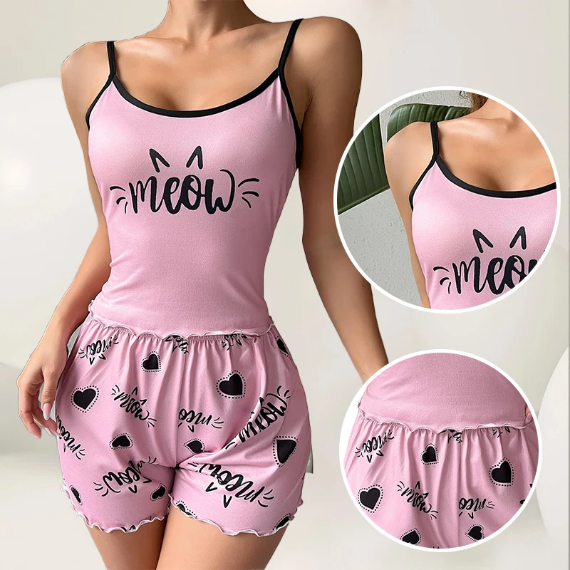 

Summer Girls Sweet And Cute 2-Piece Pajama Set With Letter Printed Top And Love Shorts Casual Home Pajamas