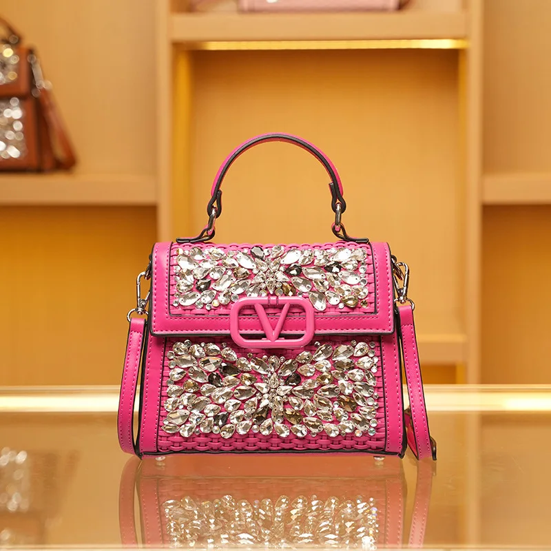 

2025 Crystal Embellished Handwoven Square Bag, Retro Boho Shoulder Bag for Women, Elegant Small Crossbody & Top Handle Purse
