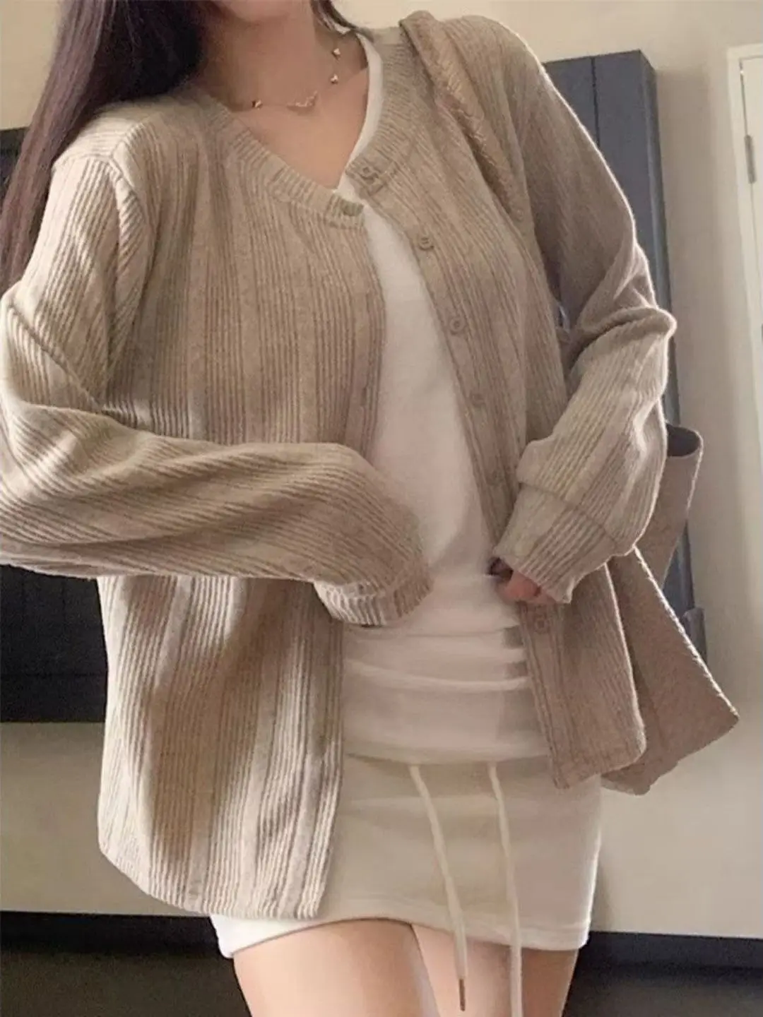 Autumn Winter Knitted Open Cardigan Women's Long Sleeve round Neck Loose Casual Versatile Top Simple Style Comfortable Fit