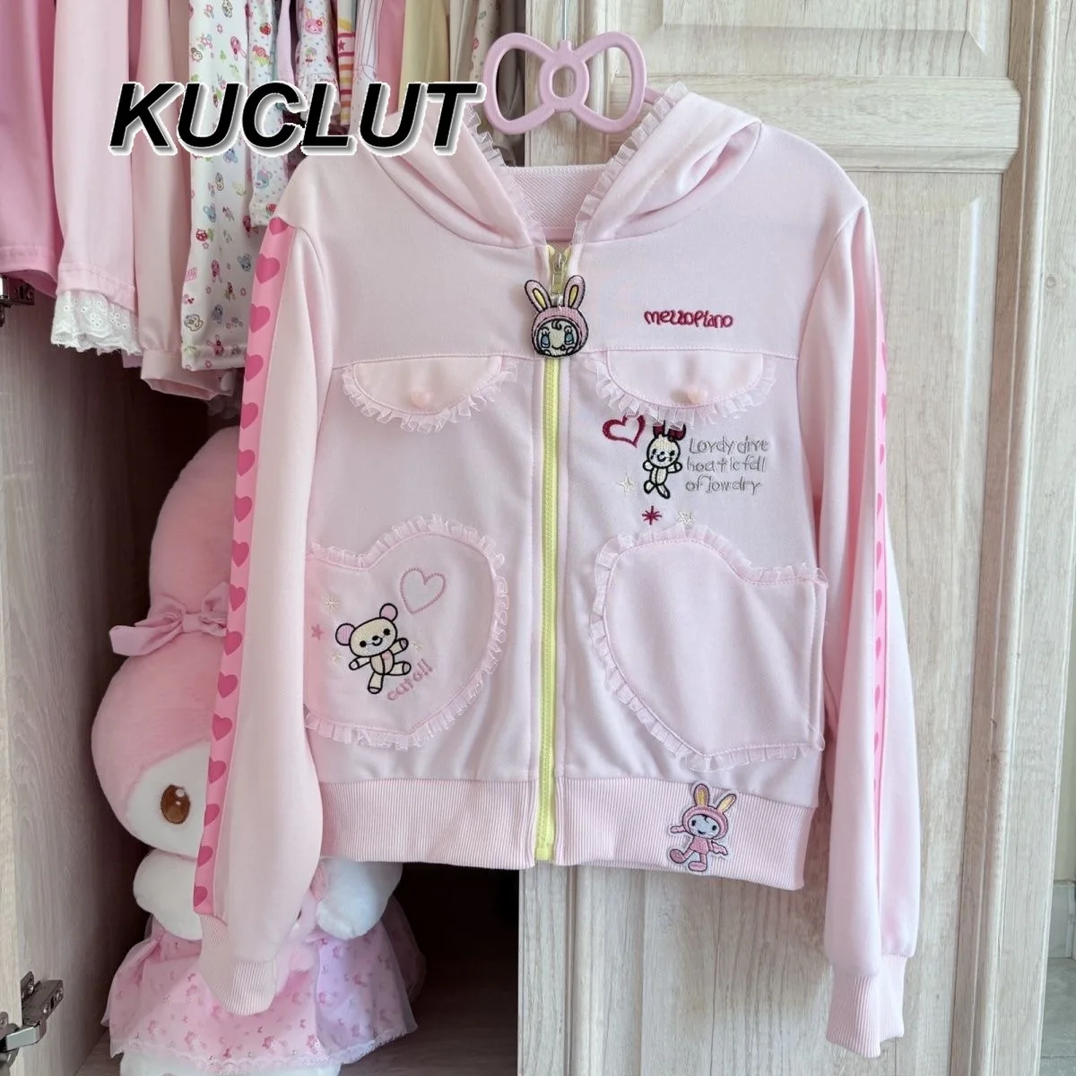 

Japanese Style Cute Girl Coats Cartoon Doll Pink Cardigan Hooded Sweatshirt Japanese Style Spring and Autumn Loose Coat
