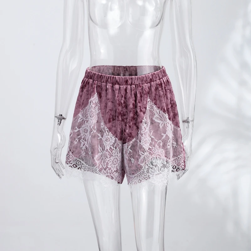 Chic Women's Velvet Lace Patchwork Shorts Loose Hollow Out Elastic Waist Female Short Pant 2026 Summer Lady All-match Pants New