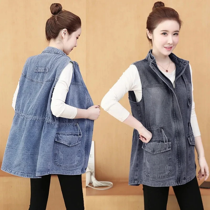 

Spring Autumn Denim Vest Women Clothes Vintage Sleeveless Jean Waistcoat Casual Pockets Adjustable Waist Jacket Female Outerwear