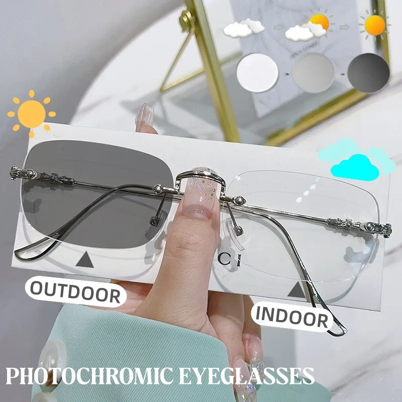 Photochrome Brille aus Metall, rechteckiger Rahmen, farbwechselnde rahmenlose Brille, Anti-Blaulicht-Augenschutzbrille für den Außenbereich