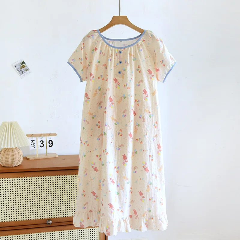 2024 Summer New Women Pajamas 100% Cotton Women Nightdress Round Neck Dress For Women NightWear Home Sleepdress Round Neck