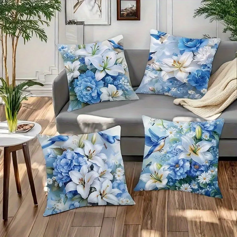 

Elegant Blue & White Lily Pillowcase - Floral & Bird Print Pillow Cover for Sofa Bedroom Living Room