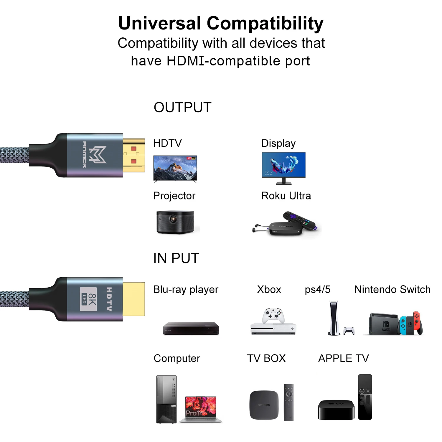 Anmck HDMI-compatible Cable 4k 2.0 8K 2.1 3m 5m Support ARC 3D HDR 4K 60Hz Ultra HD for Splitter Switch PS4 TV Box Projector