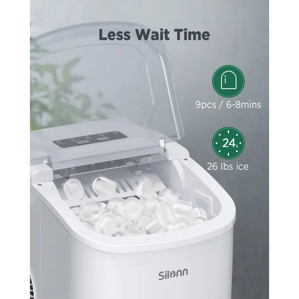 Self-Cleaning Bullet Ice Machine, Bancada, 9 Cubos, Pronto em 6 Mins, 26lbs em 24Hrs, 2 Tamanhos, Bancada